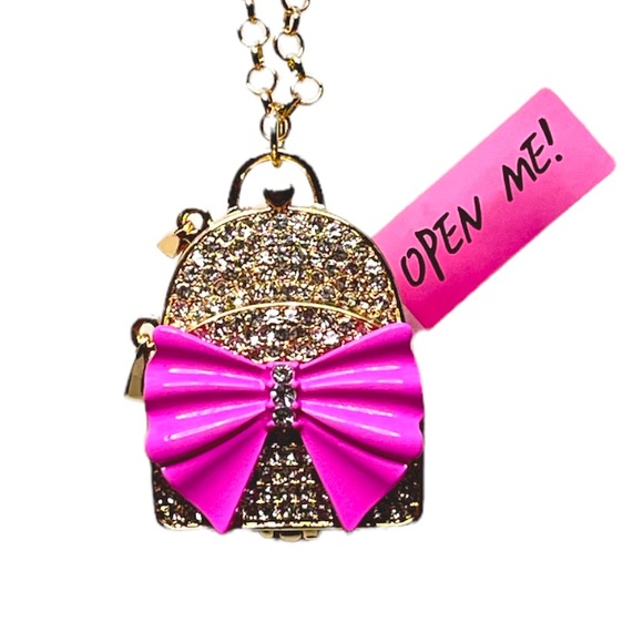 Betsey Johnson Back To School Backpack Necklace Gold Tone Pink - Picture 2 of 7